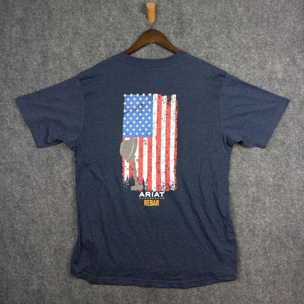 Ariat Rebar T-Shirt Mens Large Navy Blue American Flag Hard Hat Graphic Pocket